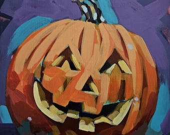 Jack o lantern art print, Halloween pumpkin painting, original artwork, giclee print, spooky summer gift, summerween decor, wall art print