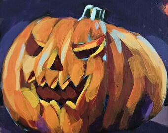 Jack o lantern art print, Halloween pumpkin painting, original artwork, giclee print, spooky summer gift, summerween decor, wall art print