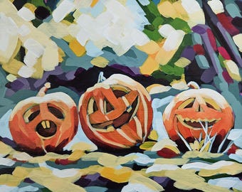 Halloween pumpkin art print, jack o lantern painting, original artwork, giclee print, spooky season wall art, summerween decor, unique gift