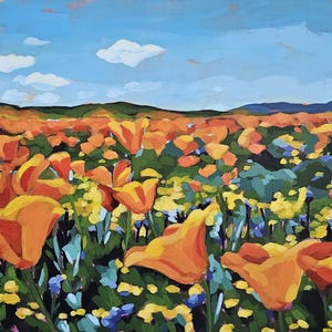 California poppies art print, orange poppy painting, original artwork, giclee prints, wildflower decor, Golden State poppy, state flower art
