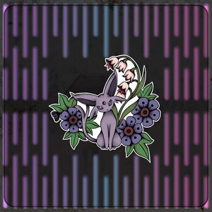 May include: A purple Espeon character illustration surrounded by purple flowers and green leaves. The design is set against a black background with vertical lines in shades of purple and blue.