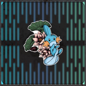 May include: A sticker featuring a blue cartoon character with orange cheek markings, a long tail, and a rabbit-like head. The character is surrounded by pink lotus flowers and green lily pads. The background is black with a blue and green vertical line pattern.