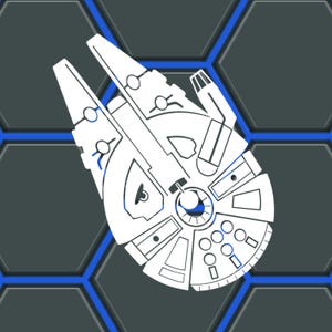 May include: A white silhouette of the Millennium Falcon spaceship against a blue and gray hexagonal background.
