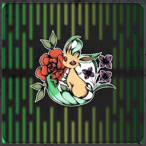 May include: A colorful illustration of a cartoon creature with a flower and leaves. The creature is tan with green and brown accents. A large red flower and purple flowers are also featured. The background is black with green vertical lines.