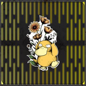 May include: A yellow cartoon character with a duck-like bill and a flower crown. The character is surrounded by orange and yellow flowers and green leaves. The background is a dark gray with yellow vertical lines.