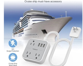 Plug Power Strip 5 ft Ultra Thin Cord with 3 Outlets & 3 USB Ports - Cruise Ship Compliant