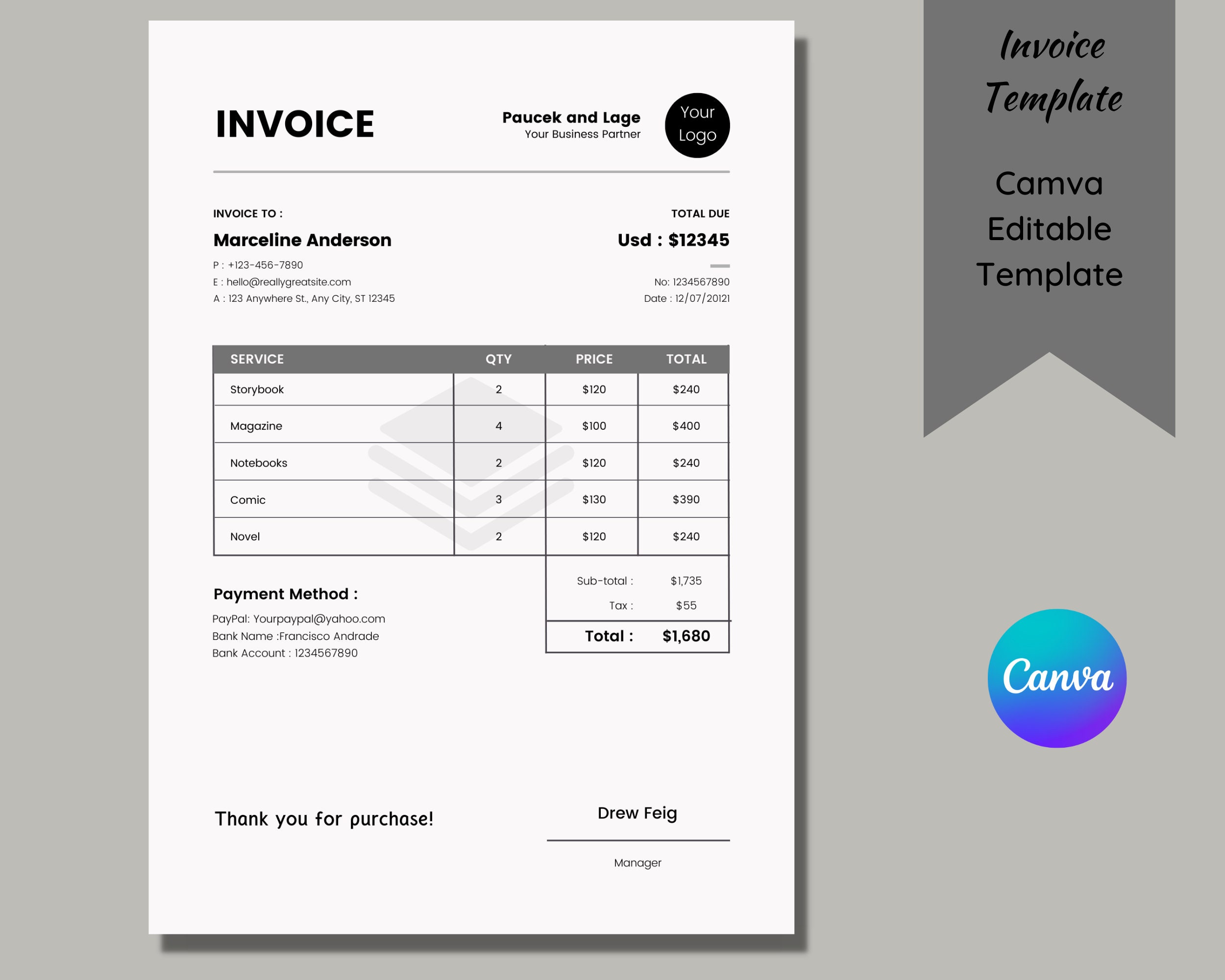 Simple Invoice Template Editable Canva Template Modern Etsy