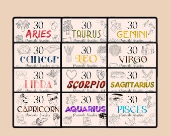May include: A set of 12 digital brush sets for Procreate, each featuring a different zodiac sign. The signs are illustrated in black and white with colorful text. The text includes the name of the sign and the number 30. The text "ASTROLOGY BRUSHES COLLECTION" is at the bottom of the image.