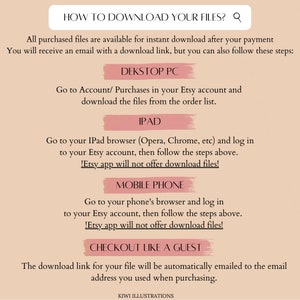 May include: A pink and white graphic with the text "HOW TO DOWNLOAD YOUR FILES?" and instructions on how to download digital files purchased on Etsy. The instructions include downloading files from a desktop computer, iPad, or mobile phone. The graphic also includes instructions for downloading files when checking out as a guest.