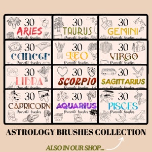 May include: A set of 12 digital brush sets for Procreate, each featuring a different zodiac sign. The signs are illustrated in black and white with a variety of details, including flowers, stars, and other symbols. Each brush set includes 30 brushes.