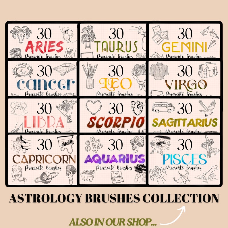 May include: A set of 12 digital brush sets for Procreate, each featuring a different zodiac sign. The signs are illustrated in black and white with a variety of details, including flowers, stars, and other symbols. Each brush set includes 30 brushes.