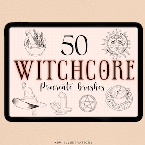 May include: A digital illustration of 50 witchcore themed Procreate brushes. The image features a witch's hat, a mortar and pestle, a crystal, a pentagram, a cup of tea, and a sun and moon.