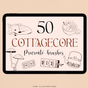 May include: A digital illustration of 50 cottagecore themed Procreate brushes. The image features a deer, mushrooms, a teapot, a cup of tea, a matchbox, and a ticket. The text "50 Cottagecore Procreate brushes" is written in brown text on a white background.