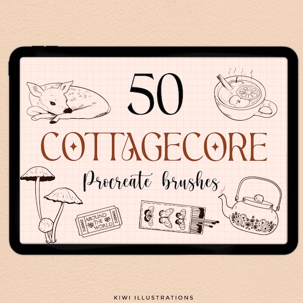 50 Cottagecore Aesthetic Procreate Brushes + Free Daily Tracker page (stamps procreate brush for beginners daily journaling)