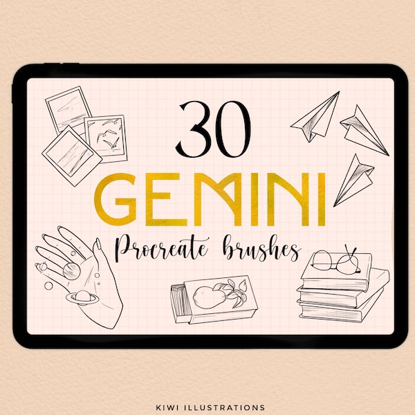 30 GEMINI Aesthetic Procreate Brushes + Free Daily Tracker page (stamps procreate brush for beginners daily journaling)