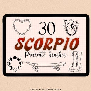 May include: Digital illustration on a tablet screen with a heart-shaped chain, a human heart, moon phases, a skateboard, and high-heeled boots. Text reads "30 SCORPIO Procreate brushes."