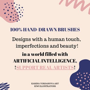 May include: A pink and blue graphic design with the text "100% HAND-DRAWN BRUSHES" and "Designs with a human touch, imperfections and beauty! in a world filled with ARTIFICIAL INTELLIGENCE, !SUPPORT REAL ARTISTS!" and the text "KARINA YORDANOVA ART KIWI ILLUSTRATONS".
