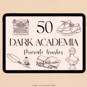May include: A digital illustration of 50 dark academia themed Procreate brushes. The illustration includes a typewriter, a pair of shoes, a stack of books, a quill pen, an inkwell, and a bust of a woman.