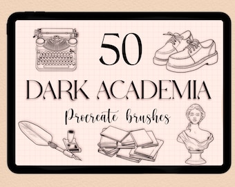 50 Dark Academia Aesthetic Procreate Brushes + Free Daily Tracker page (stamps procreate brush for beginners daily journaling study school)