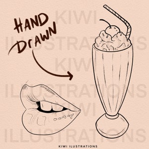May include: A black and white line drawing of a milkshake with a cherry on top and a straw. The milkshake is in a tall glass with a rounded bottom. The drawing is on a light brown background. The words "Hand Drawn" are written in cursive above the milkshake.