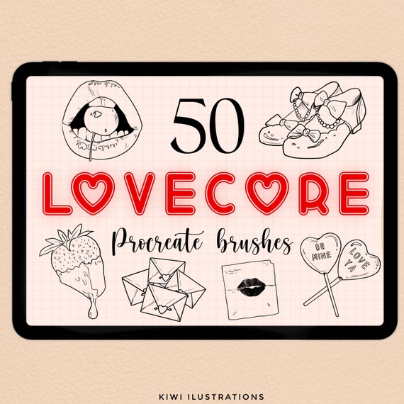 50 Lovecore Aesthetic Procreate Brushes + Free Daily Tracker page (stamps procreate brush for beginners daily journaling)
