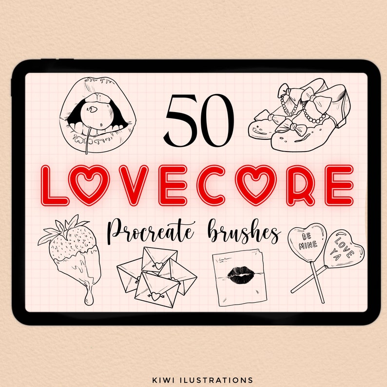 50 Lovecore Aesthetic Procreate Brushes + Free Daily Tracker page (stamps procreate brush for beginners daily journaling) image 1
