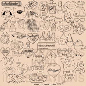 May include: A collection of black and white illustrations featuring hearts, love-themed phrases, and romantic imagery. The illustrations include a heart-shaped bottle with the text "Love Potions", a heart-shaped locket, a pair of hands forming a heart shape, and a heart-shaped cookie.
