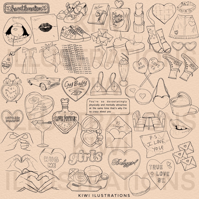 May include: A collection of black and white illustrations featuring hearts, love-themed phrases, and romantic imagery. The illustrations include a heart-shaped bottle with the text "Love Potions", a heart-shaped locket, a pair of hands forming a heart shape, and a heart-shaped cookie.