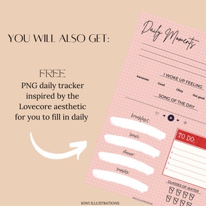 May include: A pink daily tracker printable with the text "Daily Moments" at the top. The tracker includes sections for "I woke up feeling", "Song of the day", "Breakfast", "Lunch", "Dinner", "Snacks", "To do", and "Glasses of water".