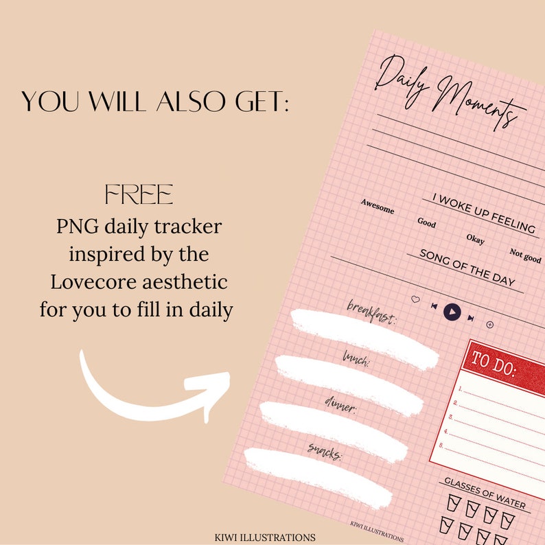 May include: A pink daily tracker printable with the text "Daily Moments" at the top. The tracker includes sections for "I woke up feeling", "Song of the day", "Breakfast", "Lunch", "Dinner", "Snacks", "To do", and "Glasses of water".