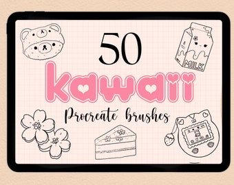 50 Kawaii Aesthetic Procreate Brushes + Free Daily Tracker page (stamps procreate brush for beginners daily journaling)