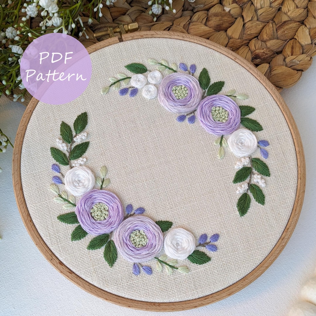 Lilac & White Floral Wreath Embroidery Pattern 8" (PDF Pattern) - Etsy