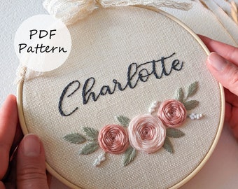 Pink Roses Embroidery Pattern: Custom Name Floral Design 6&quot; Hoop (PDF Pattern)