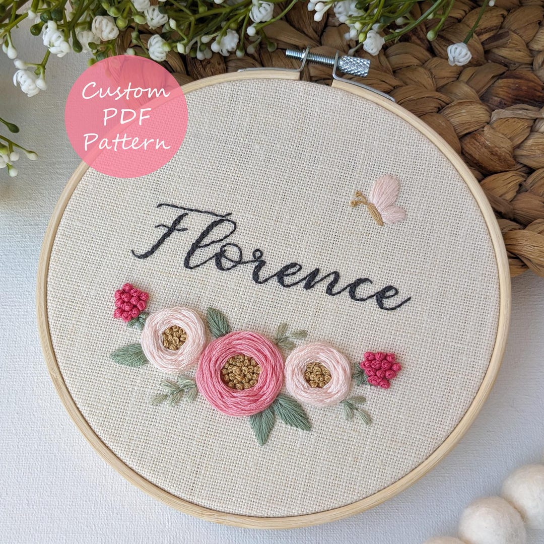 バラとラズベリーの刺繍パターン：カスタムネーム、6インチフープ（PDF