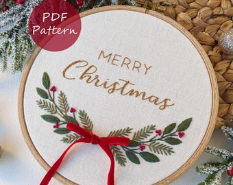 Merry Christmas wreath – Embroidery PDF pattern 8" (20 cm) with YouTube tutorials