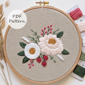 PDF Stickmuster – Stickdatei Pfingstrose und Himbeeren– Stickmuster 20 cm mit YouTube-Tutorials