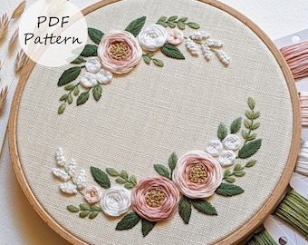 White and Pink Rose Wreath Embroidery Pattern: Floral Design,  8&quot; Hoop (PDF Pattern)