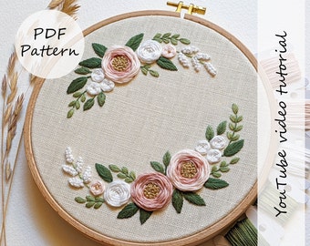 PDF pattern – White and pink rose wreath – Embroidery pattern 8" (20 cm) with YouTube tutorials