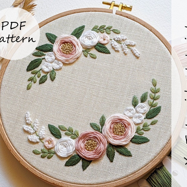 PDF pattern – White and pink rose wreath – Embroidery pattern 8" (20 cm) with YouTube tutorials