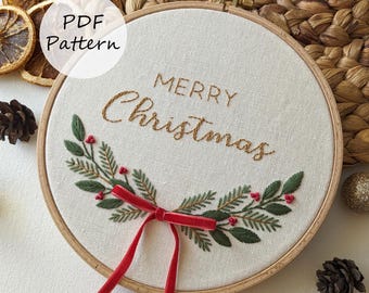 Merry Christmas wreath – Embroidery PDF pattern 8&quot; (20 cm) with YouTube tutorials