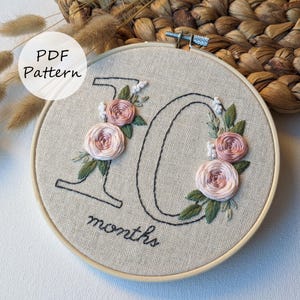 Floral numbers 0-9/ Baby monthly milestone set - Embroidery PDF pattern 6&quot; (15 cm) with YouTube tutorials