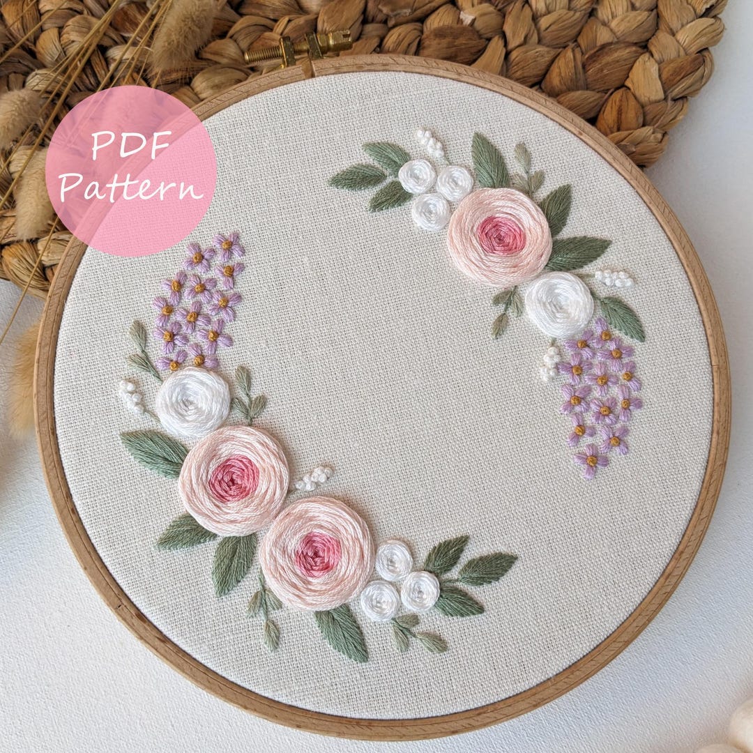 PDF Pattern – Rose and Lilac Wreath – Embroidery Pattern 8" (20 Cm ...