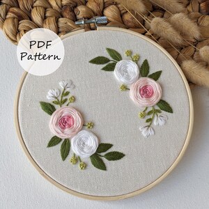 PDF pattern – Dreamy rose wreath – Embroidery pattern 6&quot; (15 cm) with YouTube tutorials