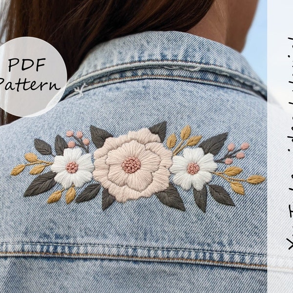 PDF pattern – Peony denim jacket – Embroidery pattern with YouTube tutorials