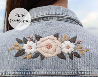 PDF pattern – Peony denim jacket – Embroidery pattern with YouTube tutorials