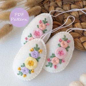 Adorno de fieltro de Pascua - Huevo floral - Patrón PDF - Bordado a mano de Pascua - Videotutorial + Guía