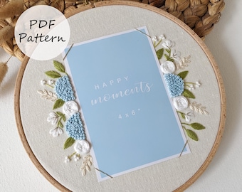 Blue Hydrangeas & White Roses Embroidery PDF Pattern: 9" Hoop - Photo frame 4 x 6"