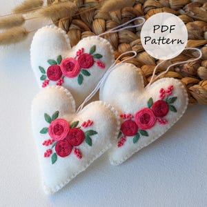 Felt heart ornaments - Red and pink roses - Set of 3 - PDF pattern - Valentine&#39;s day hand embroidery - Video tutorial + Guide