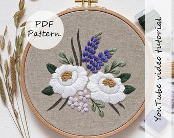 PDF pattern – Wild lupine and peony bouquet – Embroidery pattern 8" (20 cm) with YouTube tutorials