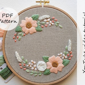 PDF pattern – Coral pink flower wreath – Embroidery pattern 8" (20 cm) with YouTube tutorials